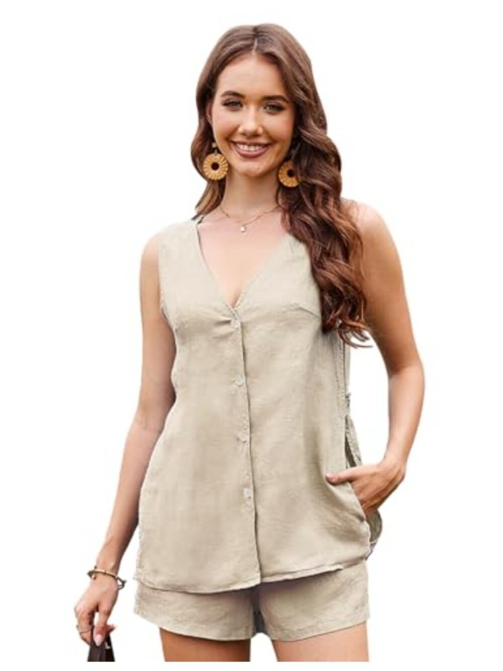 100% Linen Sleeveless V-Neck Button Down Vest Tank Top for Women